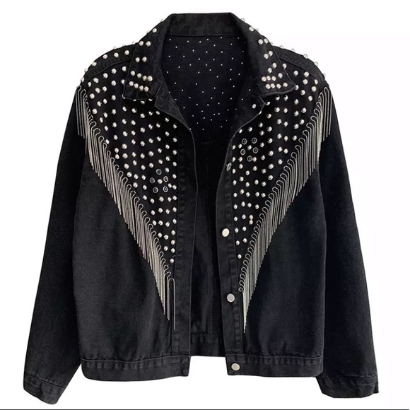 SOLD OUT Black Oversized Studded Chain Fringe Denim Jacket - Picture 2 of 4